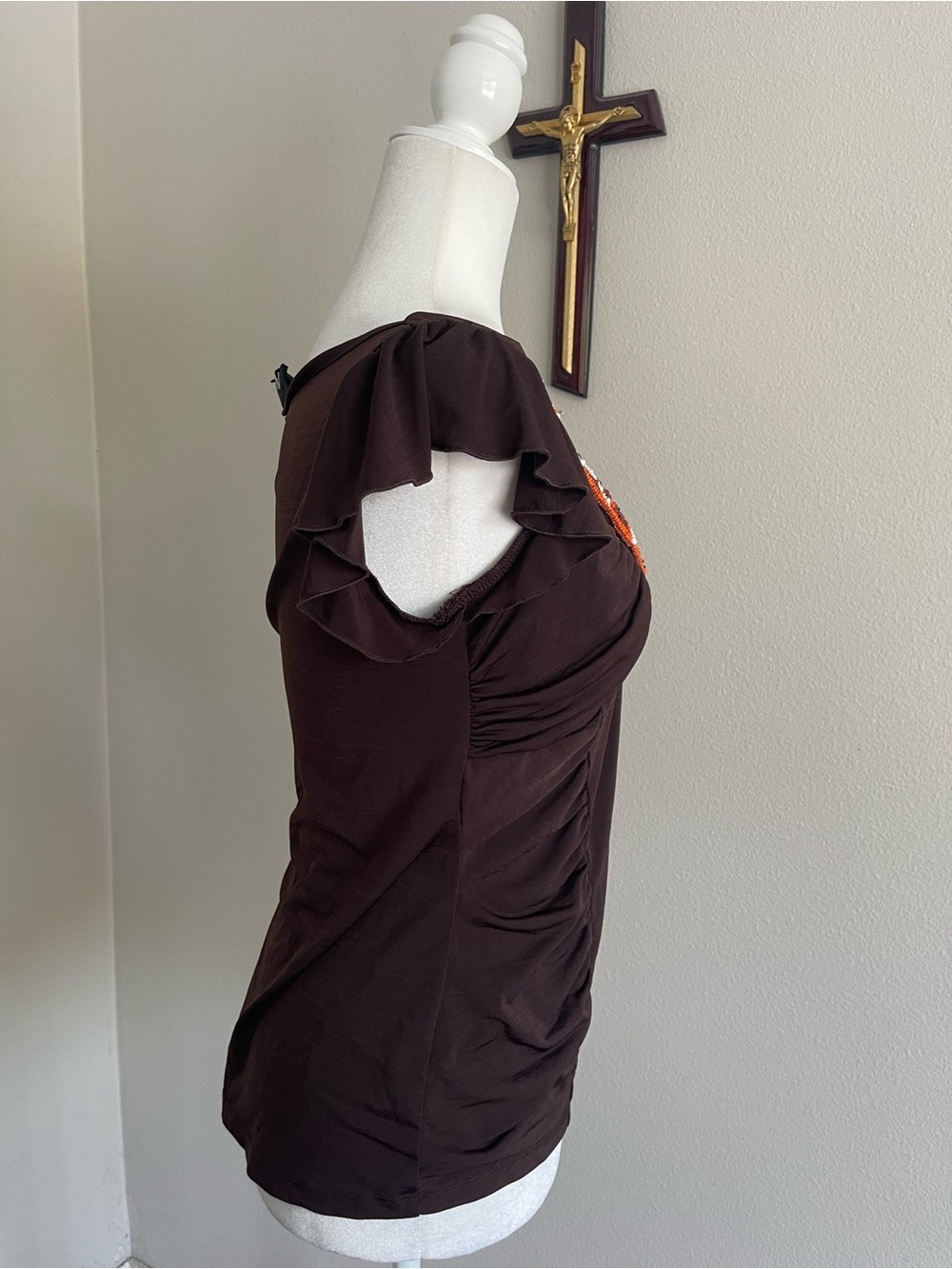 AB Studio Brown Top with Orange and Yellow Beaded Scoop Neck - Picture 4 of 6